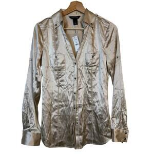 White House Black Market Satin Silk blend Button Up Shirt size 4 Gold NWT